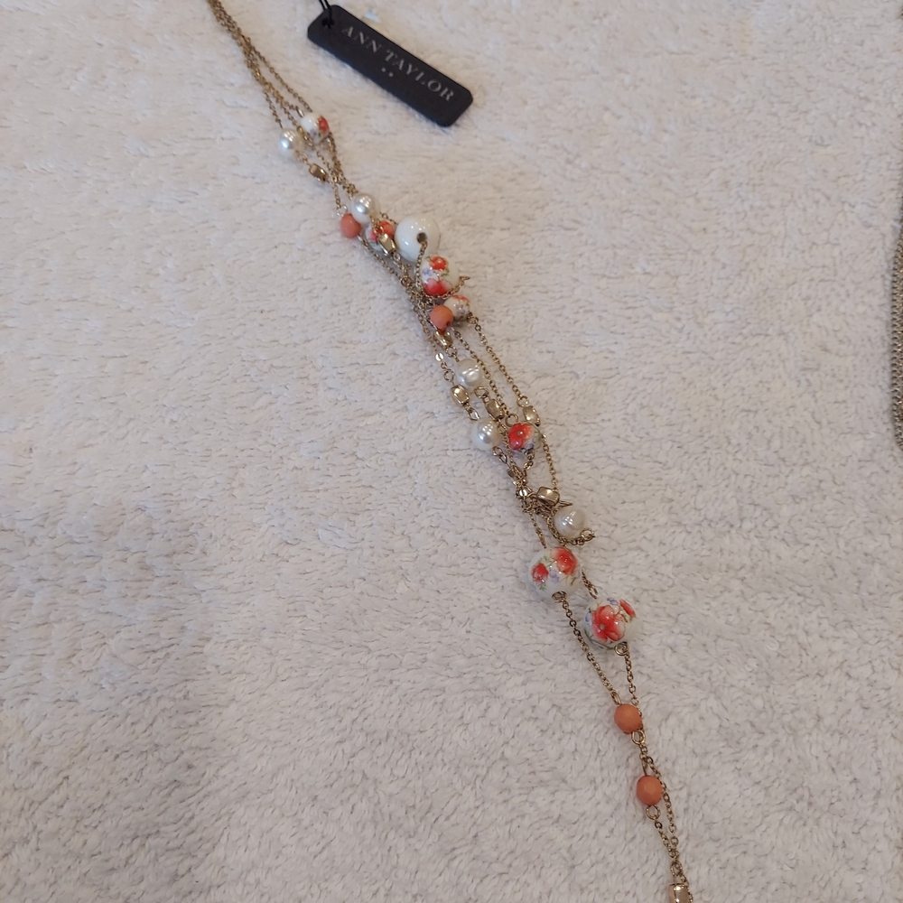 Ann Taylor 34" Gold Necklace with Coral and White Beads